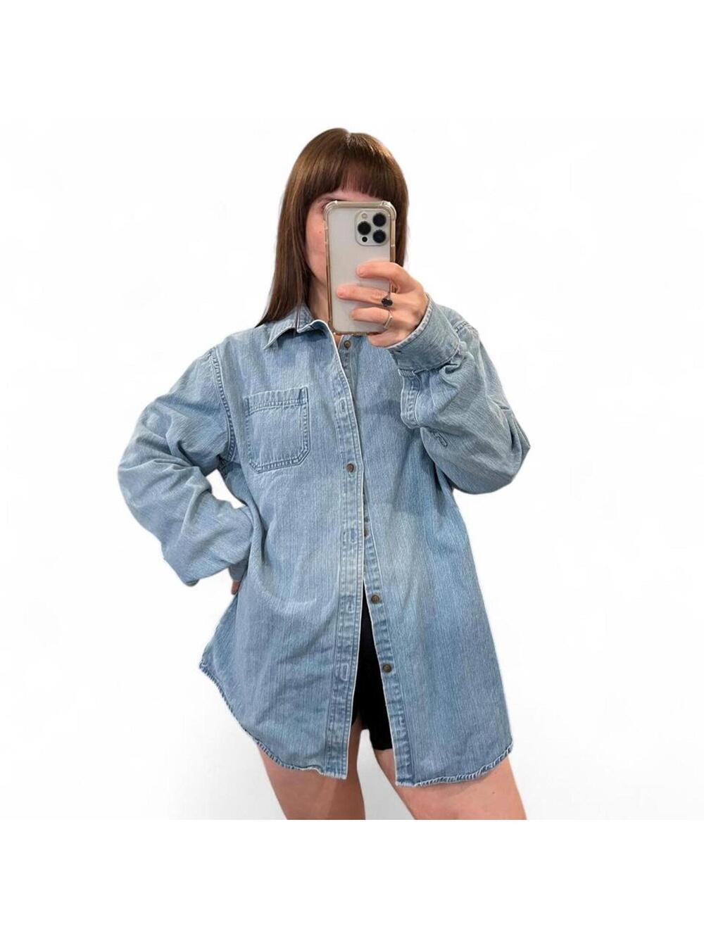 Vintage Light Wash Denim Button Up Shirt Oversized 90s Y2K
